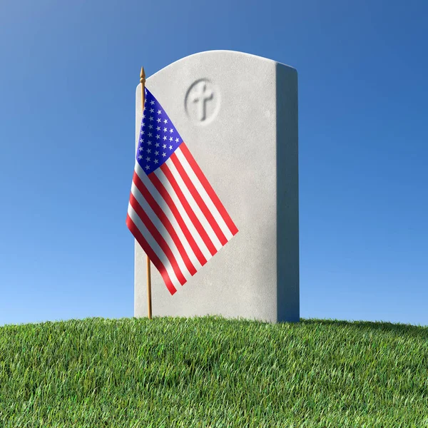 Szary Pusty Nagrobek Mała Amerykańska Flaga Zielonym Polu Trawy Dniu — Zdjęcie stockowe