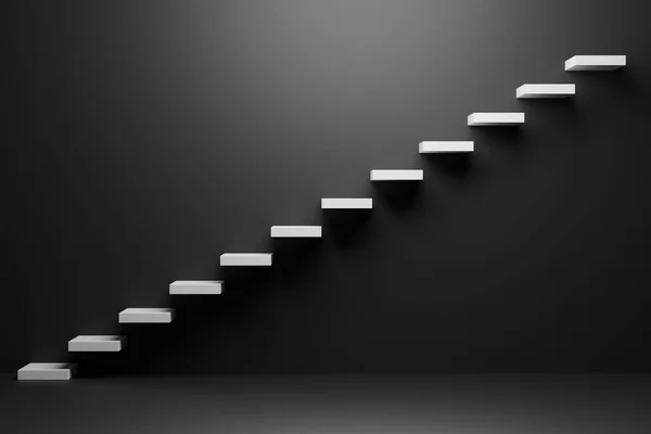 White Ascending Stairs Rising Staircase Going Upward Black Empty Room — Fotografia de Stock