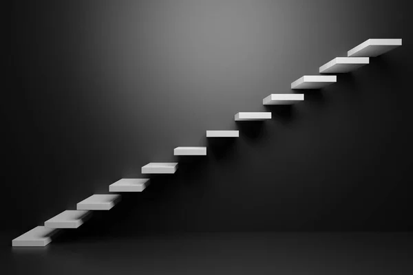 White Ascending Stairs Rising Staircase Going Upward Black Empty Room — Fotografia de Stock