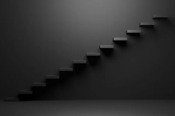 Black Ascending Stairs Rising Staircase Going Upward Black Empty Room — Stock Fotó