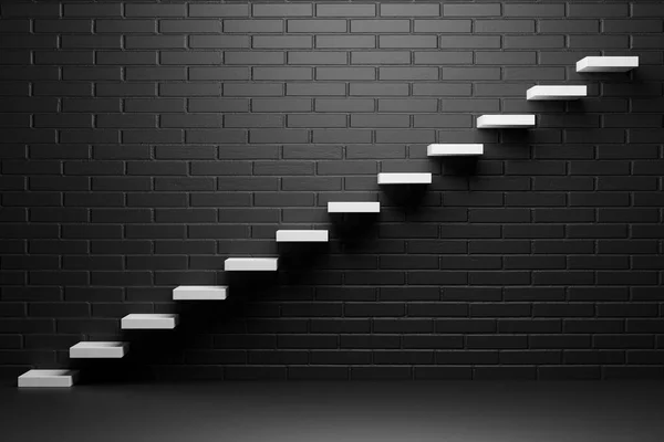 White Ascending Stairs Rising Staircase Going Upward Black Empty Room — Fotografia de Stock