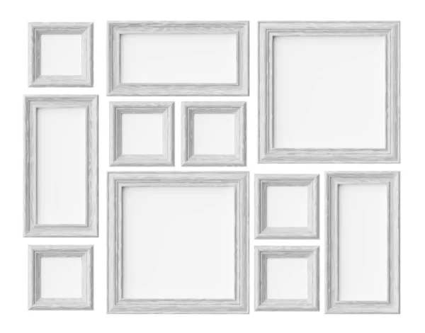 白色木制空白相框或白色相框与阴影隔离 装饰木制相框模板集 艺术框模型三维插图 — 图库照片