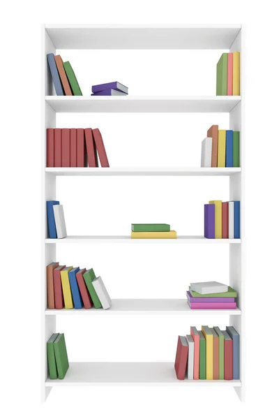 Libreria Bianca Con Molti Libri Colori Diversi Scaffali Isolati Bianco — Foto Stock