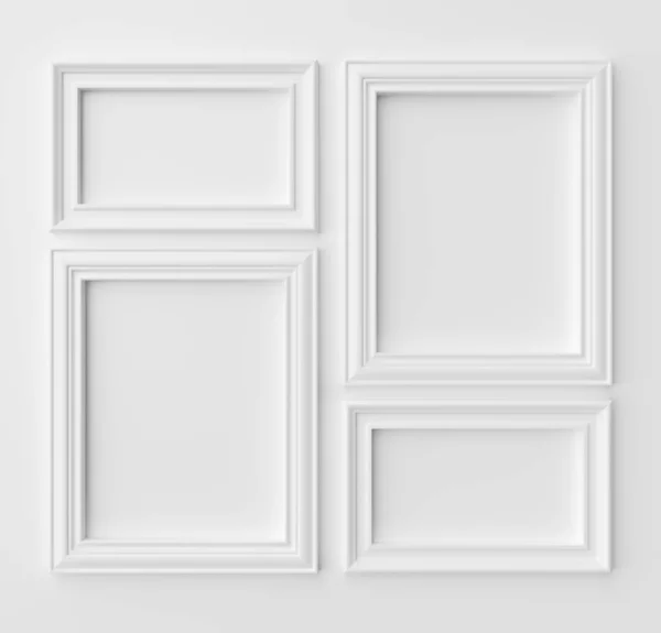 白墙上带有阴影的白色空白相框 白色无色相框模板集 相框模型三维插图 — 图库照片