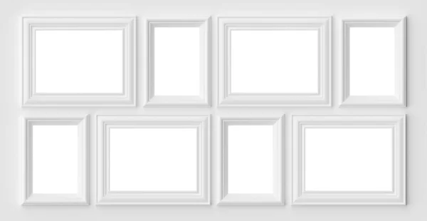 白い壁に白い空白の写真や画像フレーム コピースペース 白い無色の画像フレームテンプレートセット アートフレームモックアップ3Dイラスト付きの影 — ストック写真