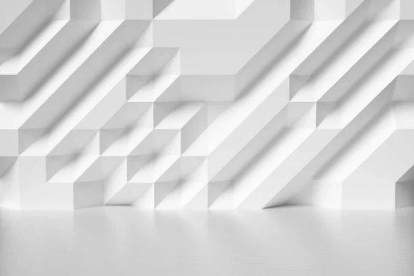 Abstraktní Bílá Stěna Místnosti Futuristickým Hrbolatým Polygonálním Geometrickým Povrchem Parketovou Stock Snímky