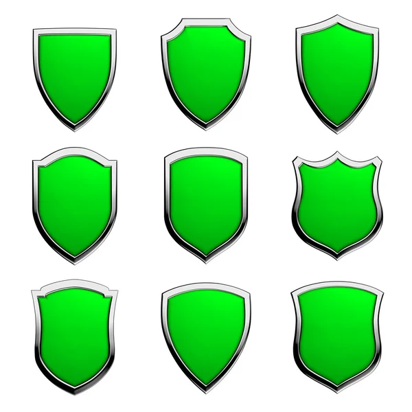 Green shields on white set — Stock Photo, Image
