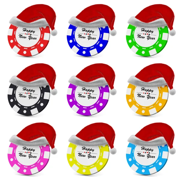 Happy New Year gamble casino chips in red hat collection — Stok Foto