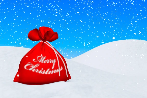 Red bag with Merry Christmas sign under snowfall — Stok fotoğraf