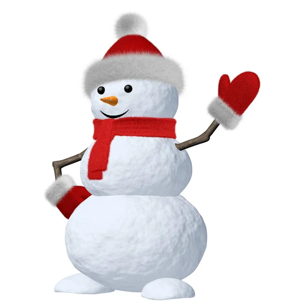 Schneemann mit Schal auf weiß auf etwas zeigen — Stockfoto
