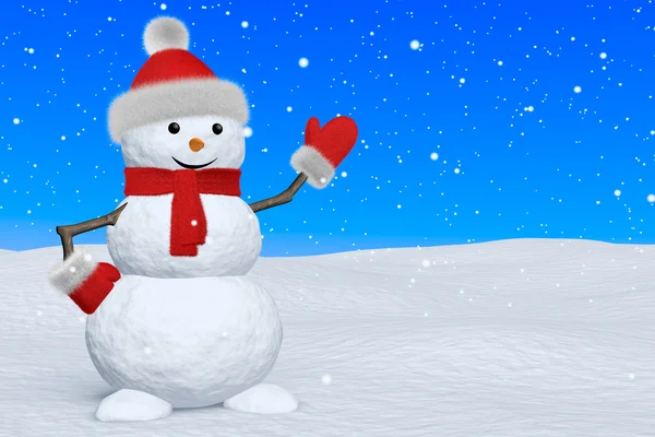 Snowman with scarf under snowfall pointing to something — Stock Photo, Image