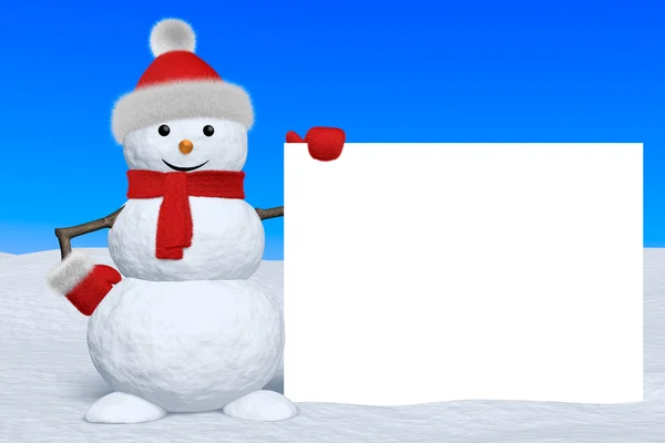 Snowman with blank white board — Stock Photo, Image