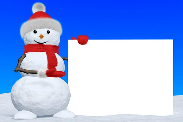 Snowman shows blank white board — Stock Photo, Image