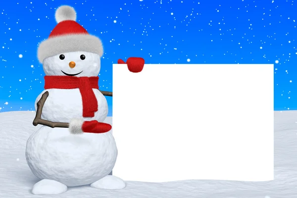 Snowman shows blank white board under snowfall — Stock Photo, Image