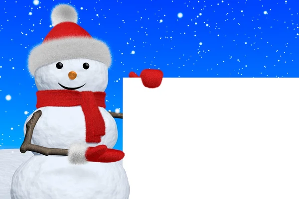 Snowman shows blank white board under snowfall — Stock Photo, Image