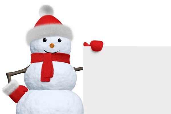 Сніговик з порожньою білою дошкою ізольовано — стокове фото