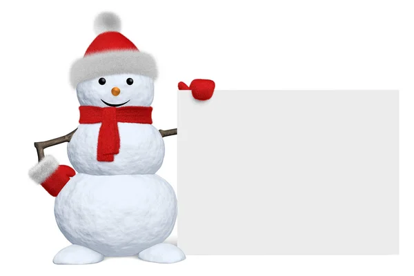 Snowman with blank white board isolated — Stock Photo, Image