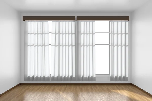 Blanc chambre vide avec parois planes, parquet plancher et fenêtre avant — Photo