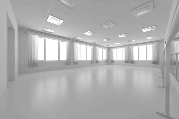 Blanco formación vacía sala de baile con piso de paredes planas, blanco y —  Fotos de Stock
