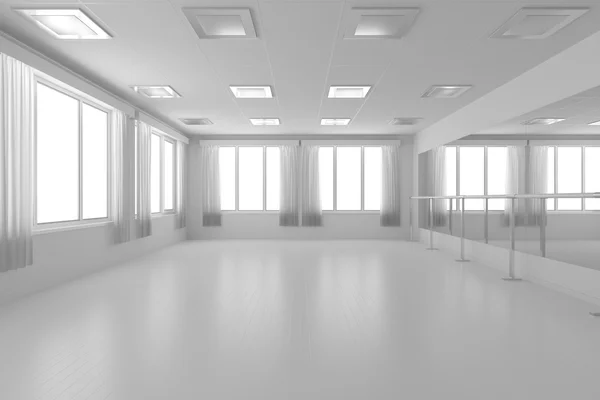 Blanco formación vacía sala de baile con piso de paredes planas, blanco y — Foto de Stock