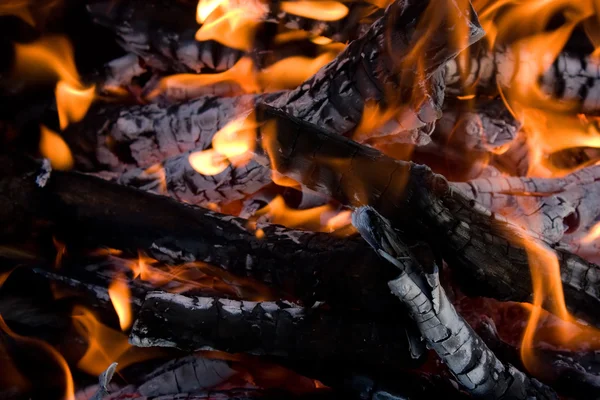 Camping bonfire fragment close-up view in dark — Stock Photo, Image