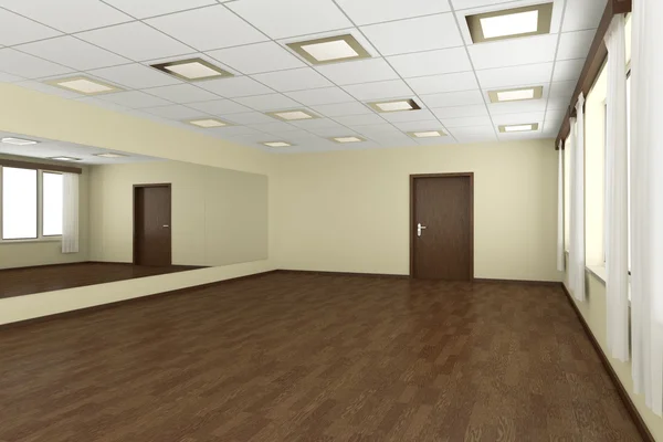 Empty training dance-hall with yellow walls and dark wooden floo — Stock Photo, Image