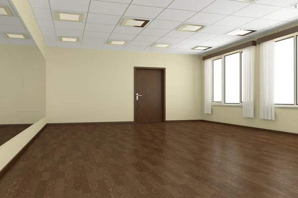 Pasillo de la danza de entrenamiento vacío con paredes amarillas y flu madera oscuro — Foto de Stock