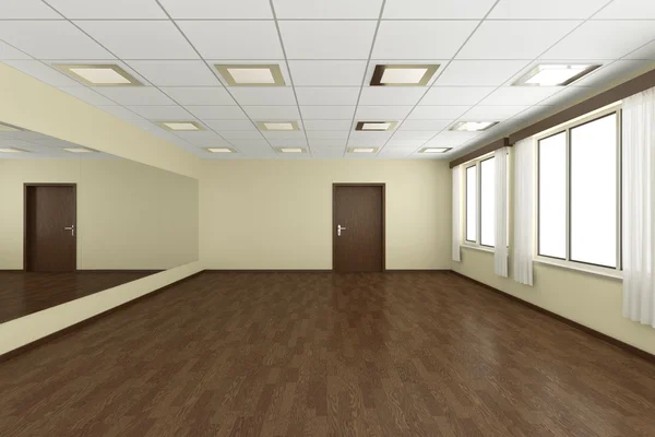 Empty training dance-hall with yellow walls and dark wooden floo — Stock Photo, Image