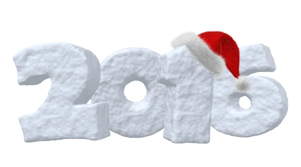 New Year 2016 sign made of snow with Santa hat — Stockfoto