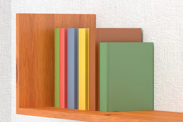 Colored books on wooden bookshelf — Stock Photo, Image