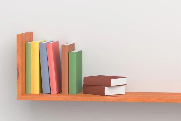 Farbige Bücher aus Holz Bücherregal auf weiße Wand — Stockfoto