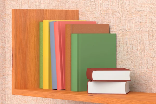 Farbige Bücher auf hölzernen Regal an der Wand — Stockfoto