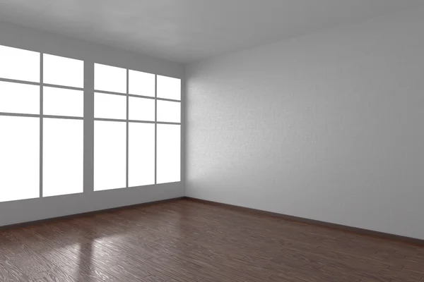 Corner of white empty room with windows and dark floor — Stock Photo, Image