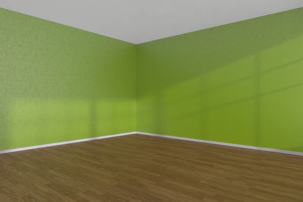 Canto verde quarto vazio, com piso em parquet — Fotografia de Stock
