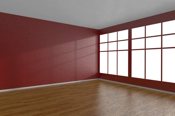 Corner of red empty room with large windows — Foto Stock
