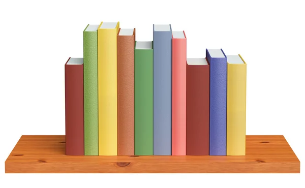 Wooden bookshelf with colored books — Zdjęcie stockowe