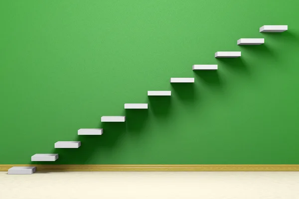 Ascending stairs of rising staircase in empty green room with be — Stock Photo, Image