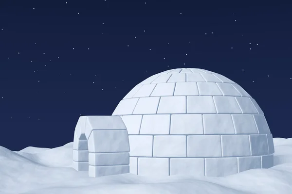 Icehouse iglu no campo sob o céu noturno com estrela polar neve — Fotografia de Stock