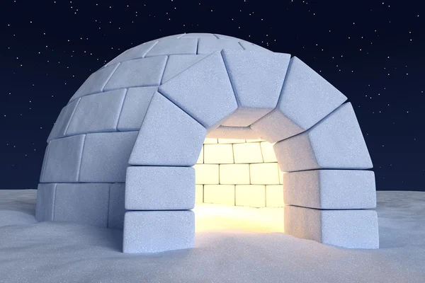 Igloo icehouse with warm light inside under sky with night stars — Stock Photo, Image