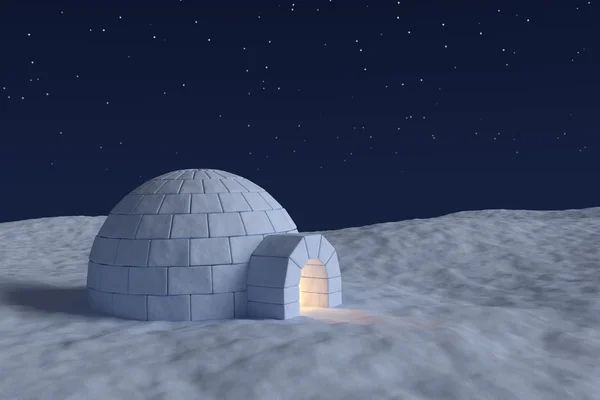 Ghiacciaia igloo con luce calda all'interno sotto il cielo con le stelle — Foto Stock