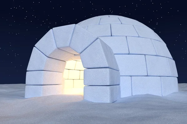 Icehouse iglu com luz quente dentro sob o céu de noite com estrelas — Fotografia de Stock