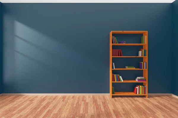 Minimalist interior of empty blue room with bookcase — Stock Photo, Image