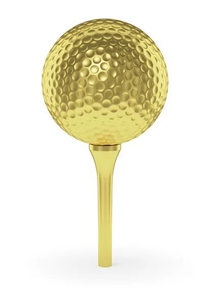 Bola de golfe dourado no tee isolado no fundo branco — Fotografia de Stock