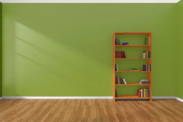 Minimalistische innere leere grüne Zimmer mit Bücherregal Stockbild