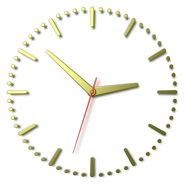 Simple clock face with yellow metal hands and marks and red seco — Stock Photo, Image