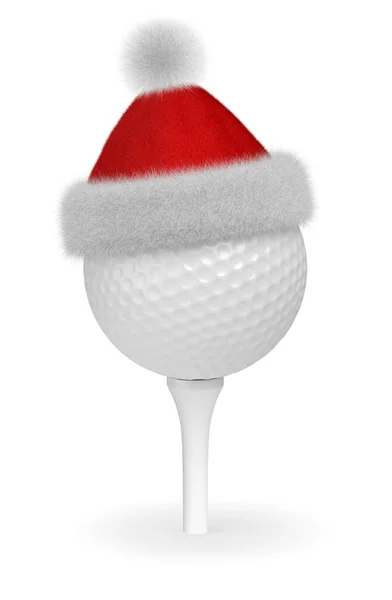 Bola de golfe branco no tee com chapéu de Papai Noel vermelho — Fotografia de Stock