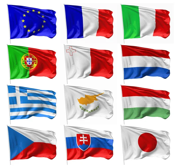 Европы и Японии флаги на флагштоке набор — стоковое фото