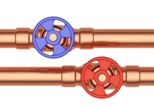 Blue and red valves on copper pipes front view — Stock Photo, Image