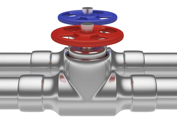Красный и синий клапаны на стальные трубы — стоковое фото