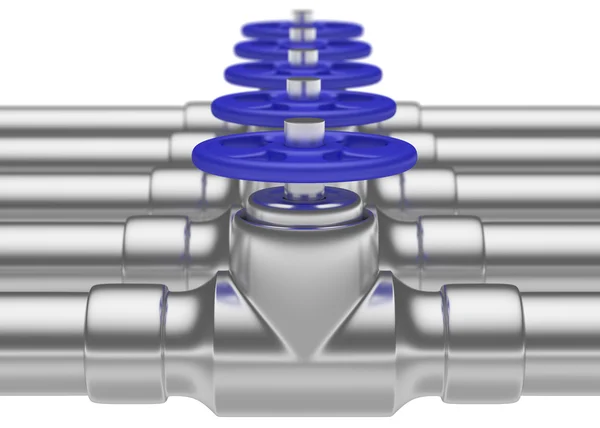 Серія сталевих труб з синіми клапанами, малий DOF — стокове фото